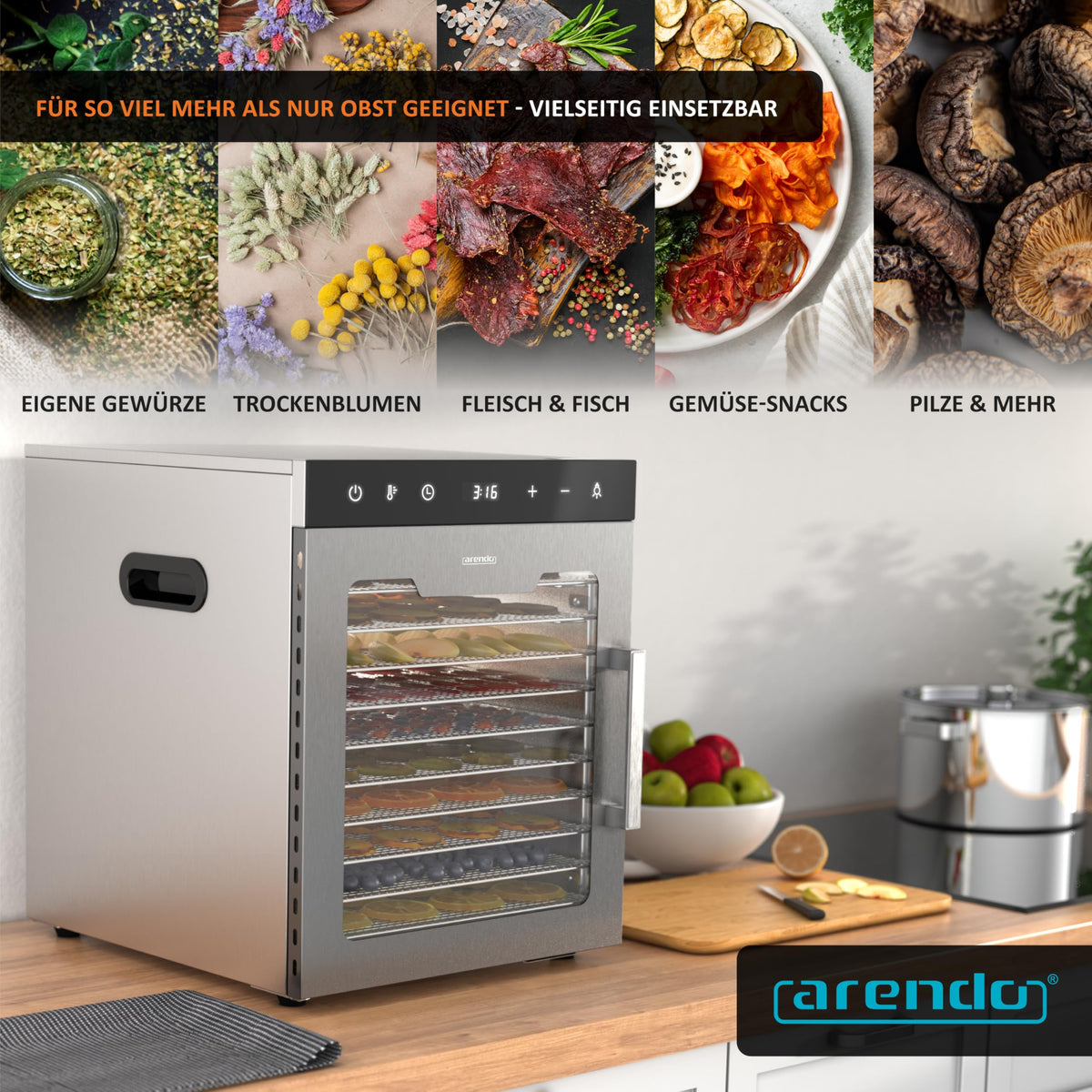Dörrautomat Edelstahl 800 W 30 bis 90°C 12 Einlegetabletts 10000 cm² Dörrgerät Dehydrator Obst Fleisch Pilze