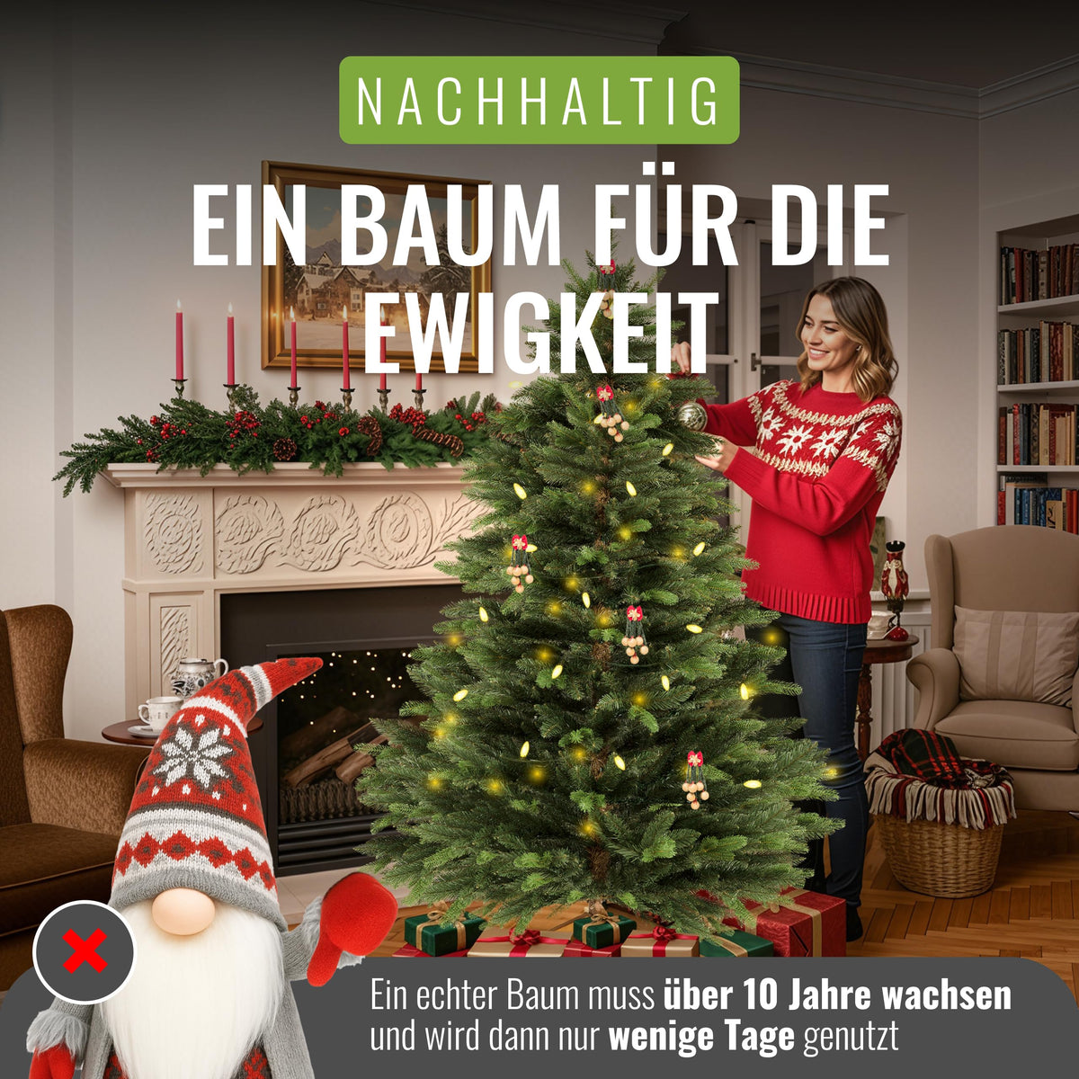 Kunstweihnachtsbaum Nordmanntanne 220cm mit Holzständer, Testsieger, naturgetreue Nadeln, ohne Beleuchtung