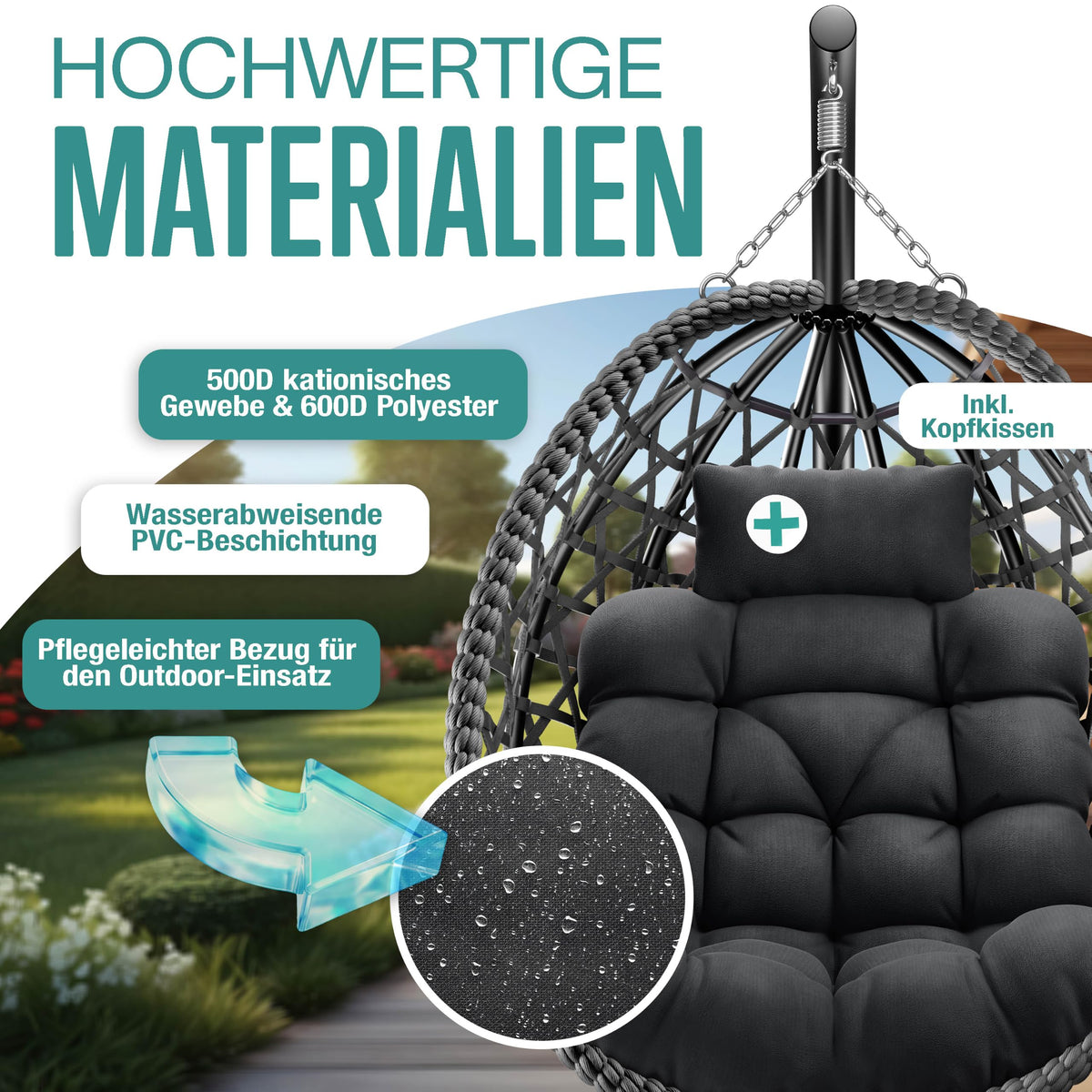 Hängesessel mit Gestell Polyrattan Outdoor Indoor 360° 150kg inkl Polsterkissen 2in1 Deckenhalterung Cover