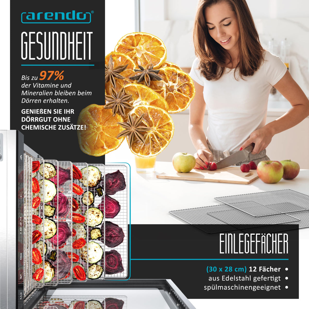 Dörrautomat Edelstahl 800 W 30 bis 90°C 12 Einlegetabletts 10000 cm² Dörrgerät Dehydrator Obst Fleisch Pilze