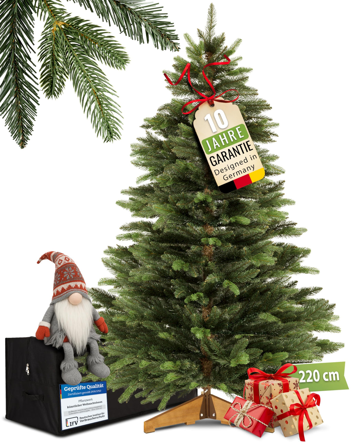 Kunstweihnachtsbaum Nordmanntanne 220cm mit Holzständer, Testsieger, naturgetreue Nadeln, ohne Beleuchtung