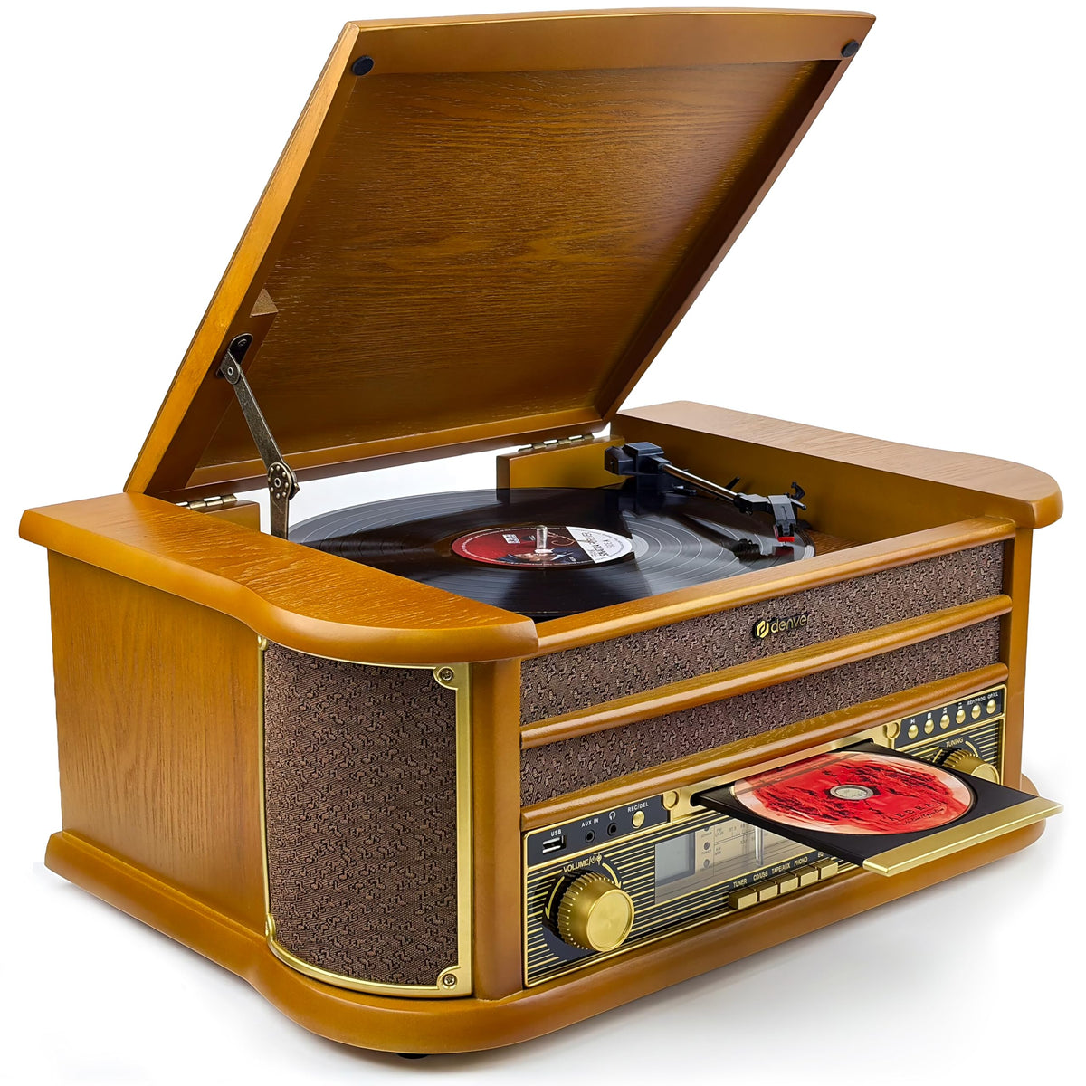 Retro Musikanlage Stereoanlage Kompaktanlage mit Plattenspieler CD und Kassette All in One Musiksystem