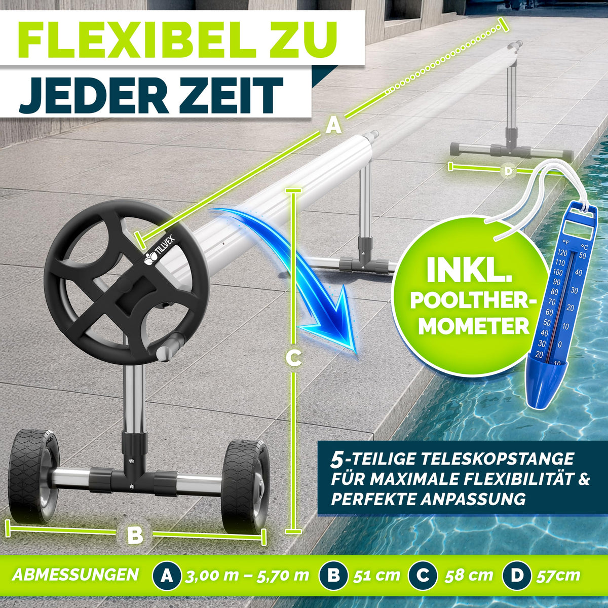 Pool Aufroller Premium 3 bis 5,70 m inklusive Vollgummireifen und Thermometer für Poolabdeckung