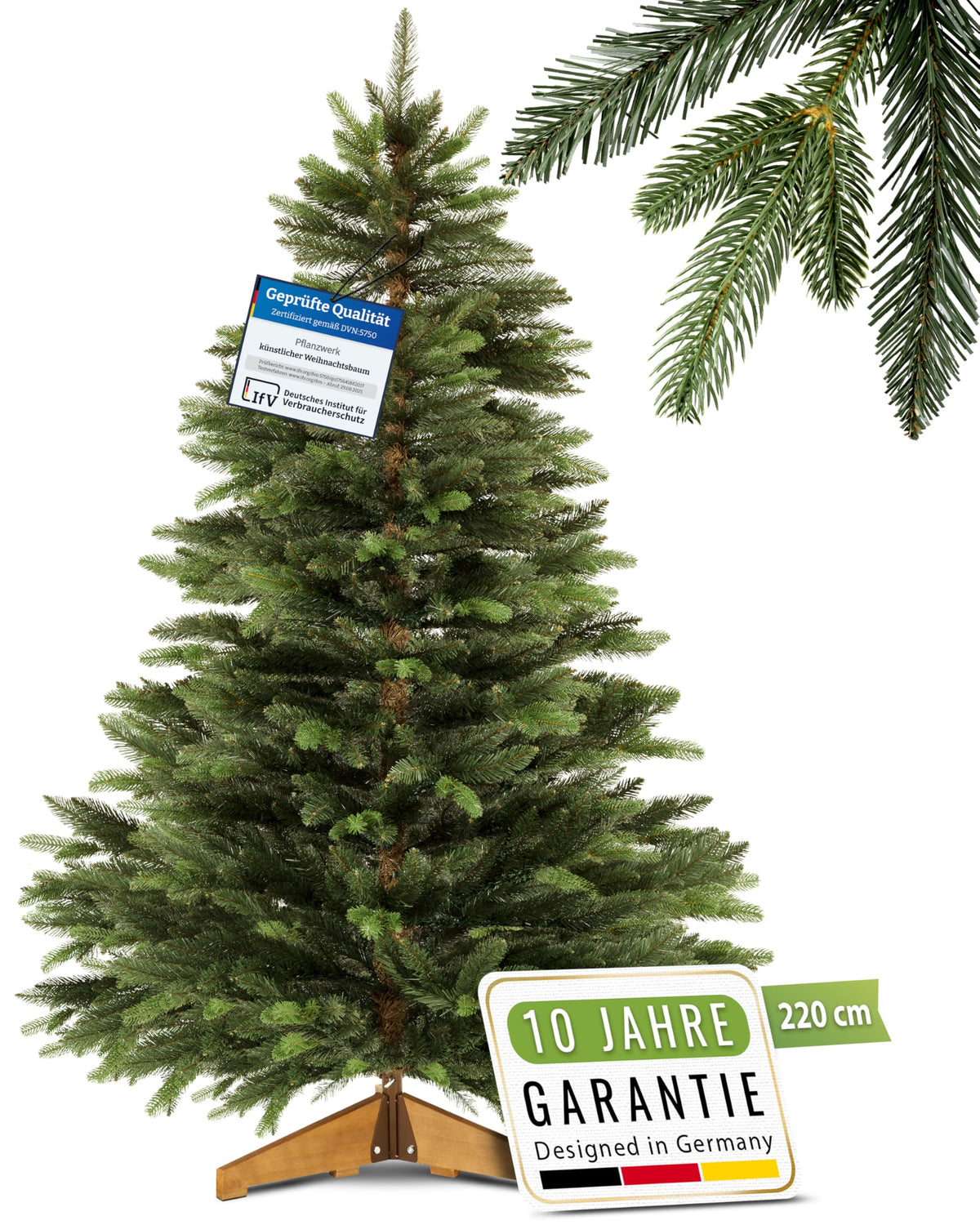 Kunstweihnachtsbaum Nordmanntanne 220cm mit Holzständer, Testsieger, naturgetreue Nadeln, ohne Beleuchtung