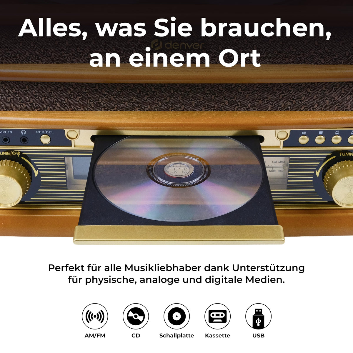 Retro Musikanlage Stereoanlage Kompaktanlage mit Plattenspieler CD und Kassette All in One Musiksystem