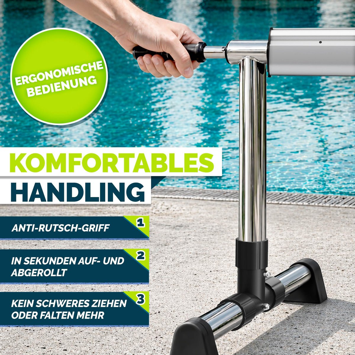 Pool Aufroller Premium 3 bis 5,70 m inklusive Vollgummireifen und Thermometer für Poolabdeckung