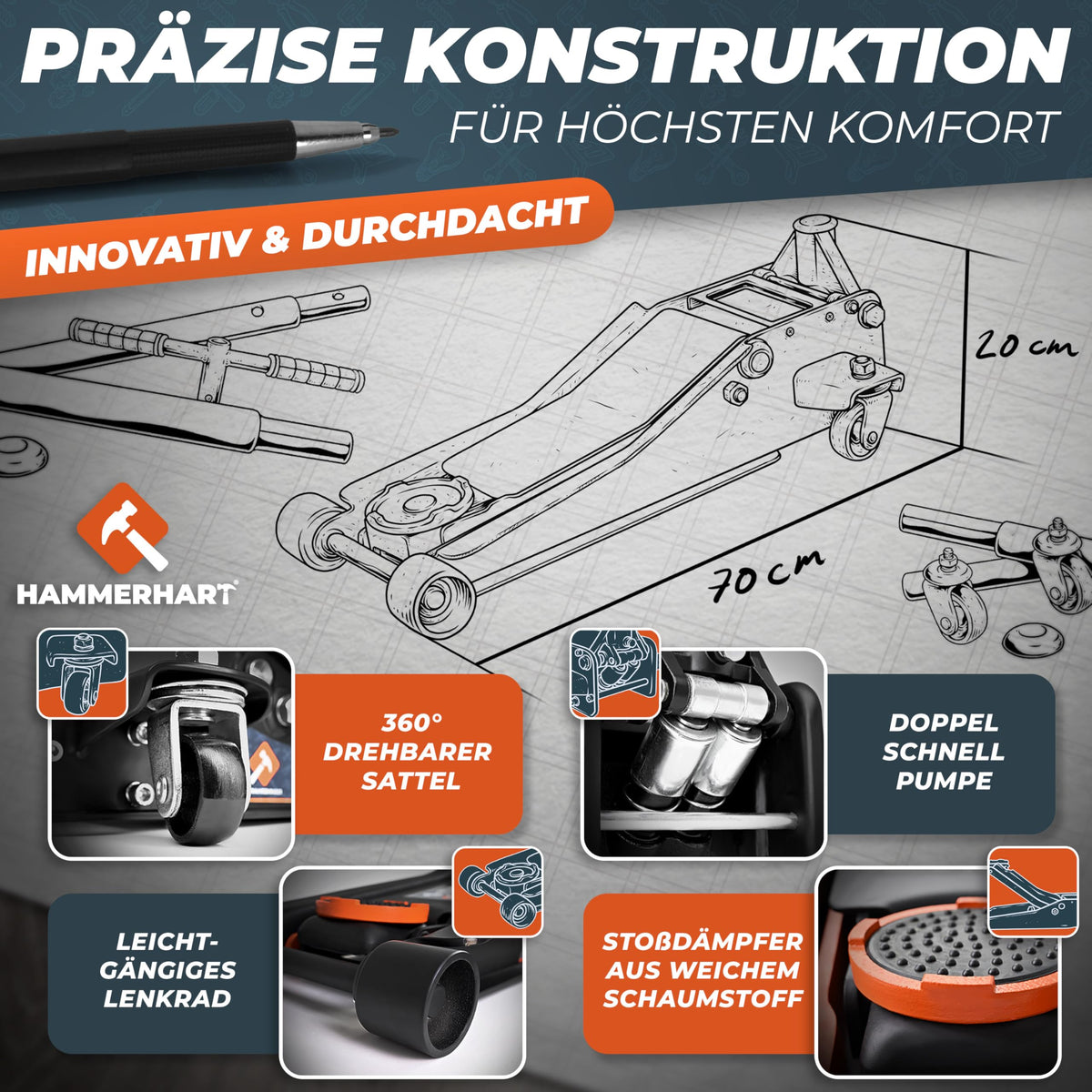 Hydraulischer Wagenheber 3T TÜV Rangierwagenheber 75 bis 505mm flach 360 Grad Rollen 2 Kolben Gummi T Griff