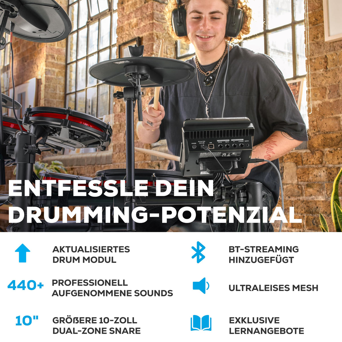 Nitro Max kompaktes elektronisches Schlagzeug E Drum Set mit Mesh Pads 10 Zoll Snare Bluetooth 400 Sounds