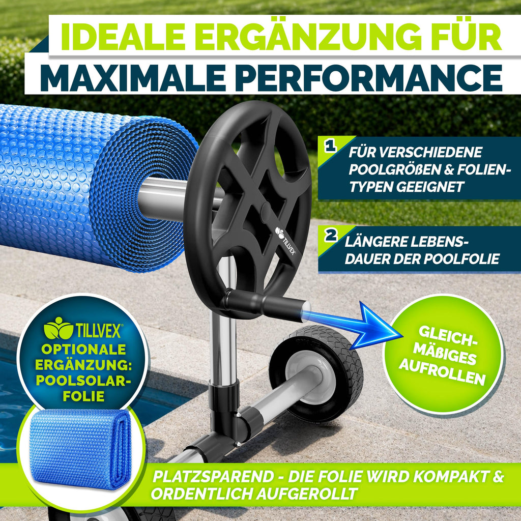 Pool Aufroller Premium 3 bis 5,70 m inklusive Vollgummireifen und Thermometer für Poolabdeckung