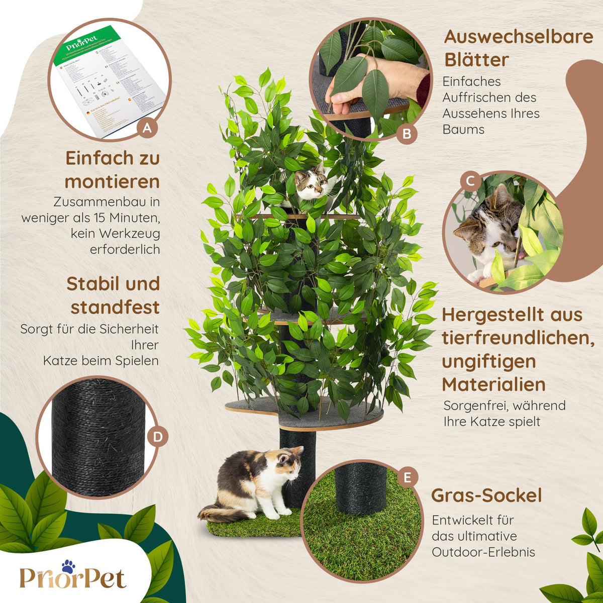 Kratzbaum Natur groß mehrstufig mit austauschbaren Blättern Klettern Verstecken Schlafen haustiersicher robust