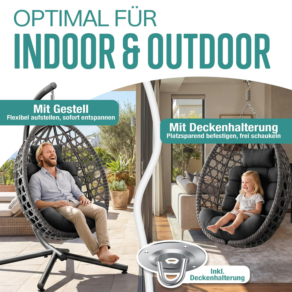 Hängesessel mit Gestell Polyrattan Outdoor Indoor 360° 150kg inkl Polsterkissen 2in1 Deckenhalterung Cover