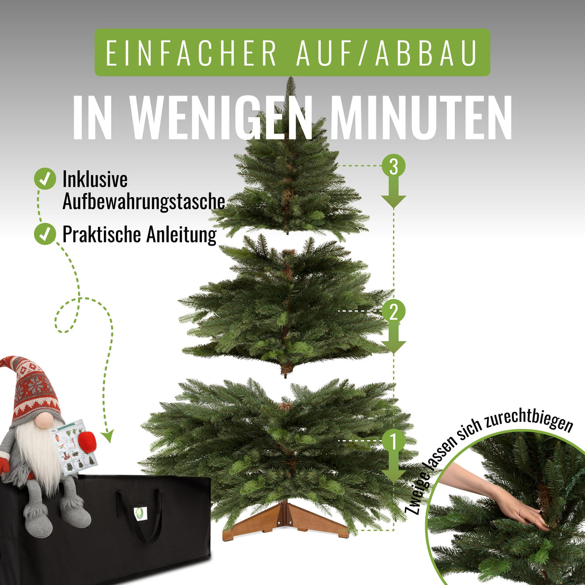 Kunstweihnachtsbaum Nordmanntanne 220cm mit Holzständer, Testsieger, naturgetreue Nadeln, ohne Beleuchtung