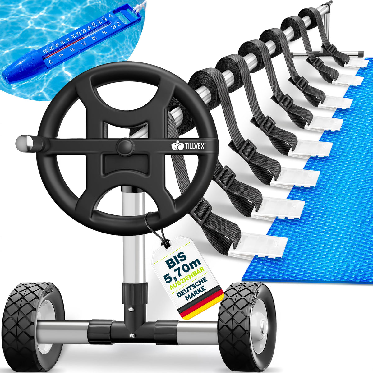 Pool Aufroller Premium 3 bis 5,70 m inklusive Vollgummireifen und Thermometer für Poolabdeckung