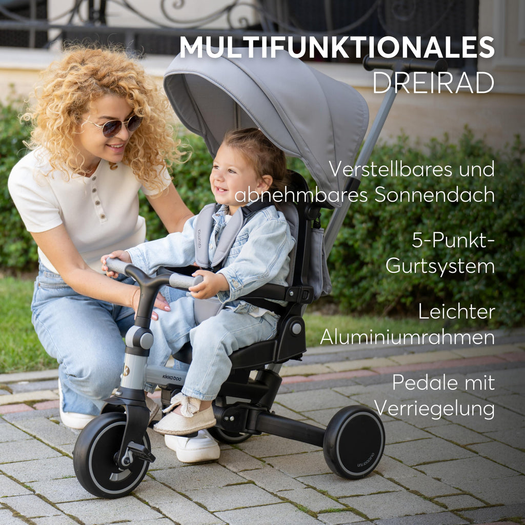 Dreirad mit Schubstange 8 in 1 ALUMA faltbares Kinderfahrzeug drehbarer Sitz 5 Punkt Gurt Alu beige