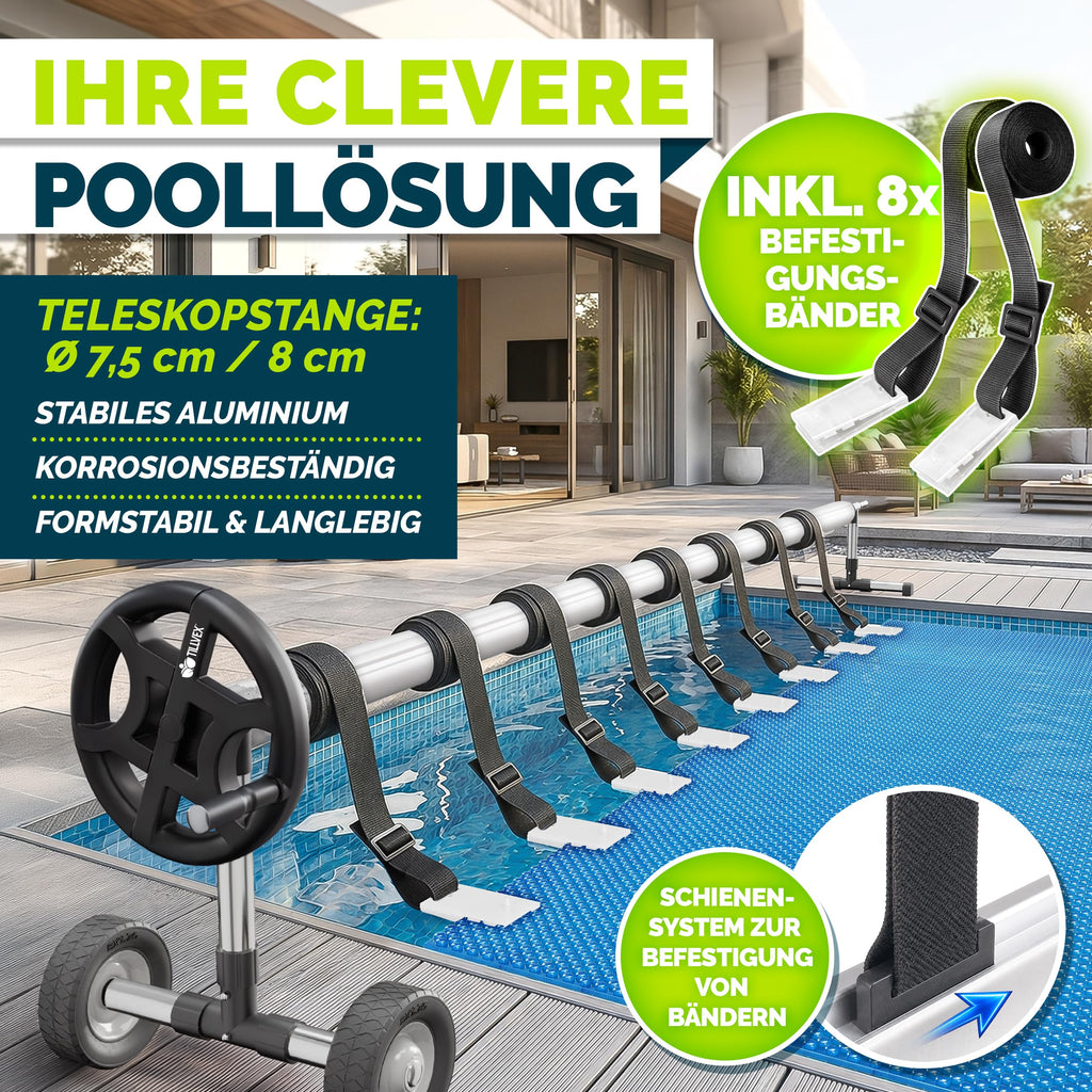Pool Aufroller Premium 3 bis 5,70 m inklusive Vollgummireifen und Thermometer für Poolabdeckung