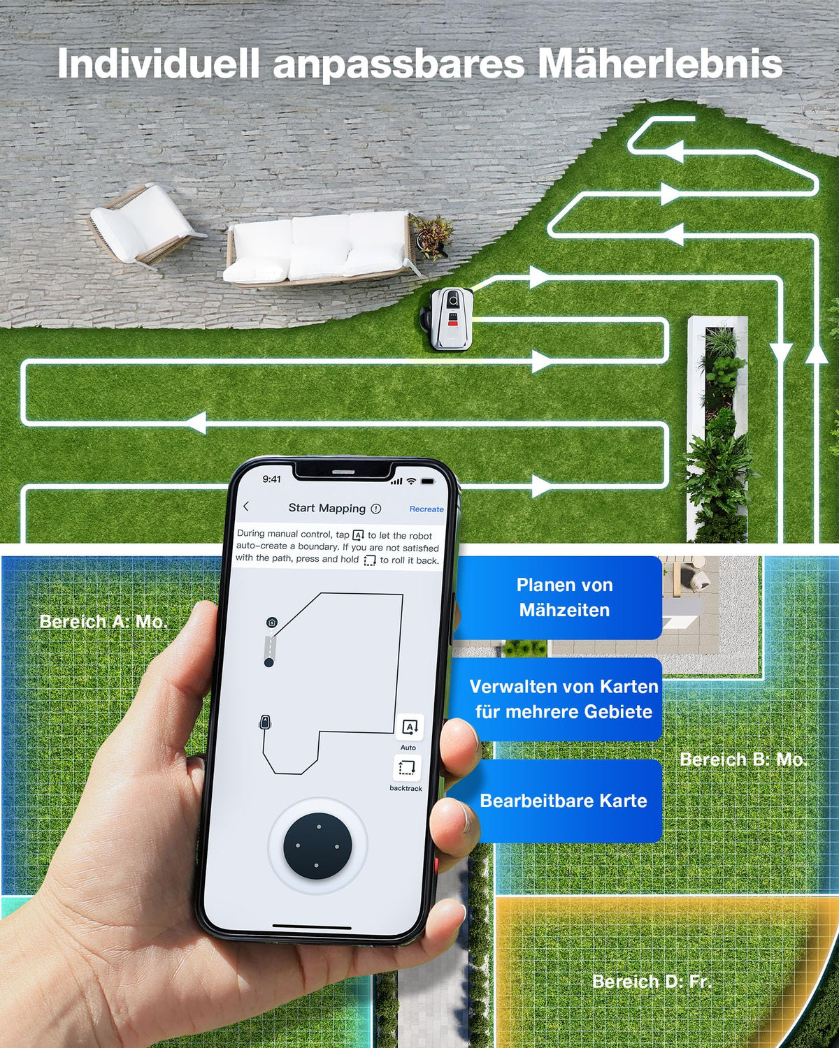 GOAT A1600 LiDAR PRO Care Kit Mähroboter ohne Begrenzungskabel, 1.600 m², 360° Dual LiDAR, 50 % Steigung