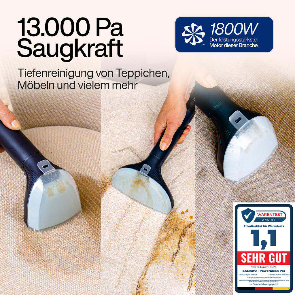 PowerClean Pro Dampfsauger mit Dampfreiniger für Polstermöbel Sofa Teppiche Auto Doppeltank