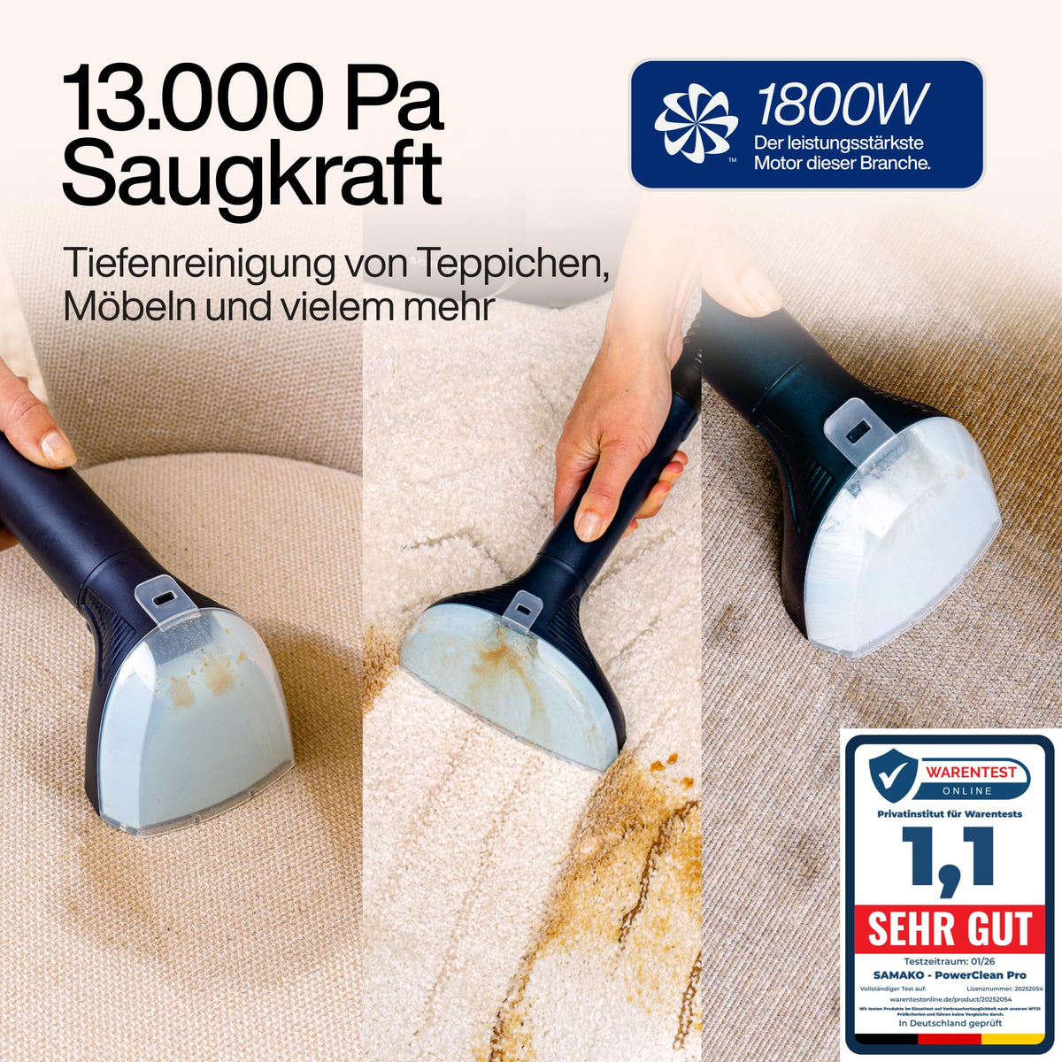 PowerClean Pro Dampfsauger mit Dampfreiniger für Polstermöbel Sofa Teppiche Auto Doppeltank