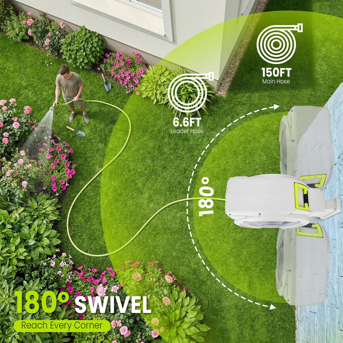 Schlauchtrommel 45m plus 2m 180 Grad schwenkbar automatischer Rücklauf für Garten Bewässerung und Rasen