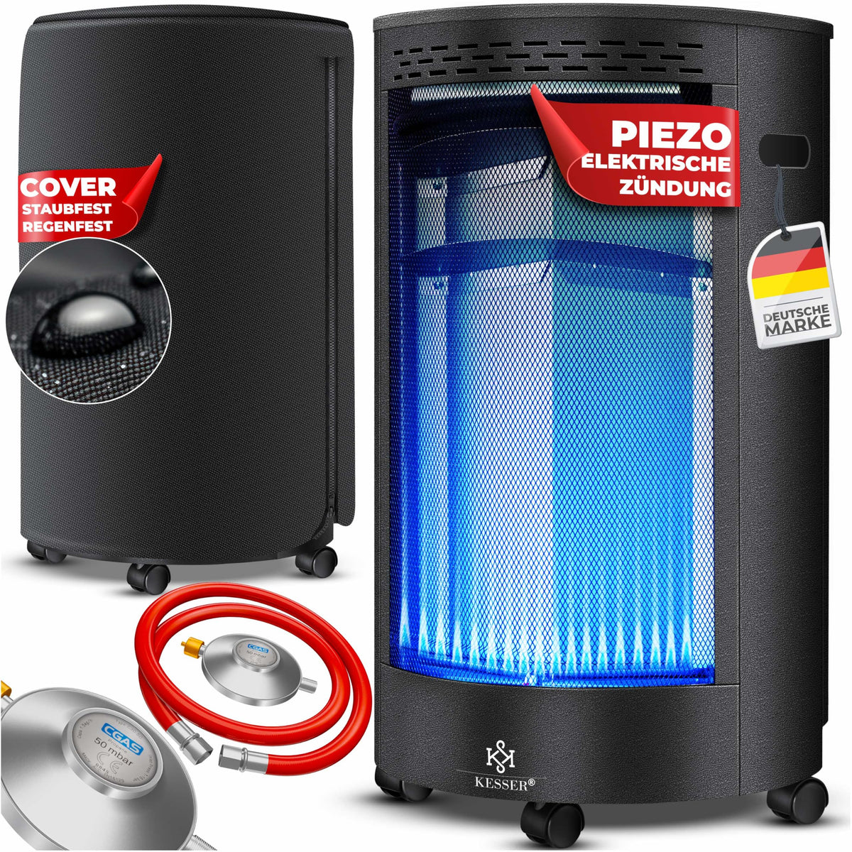 Gasheizstrahler Keramik 4200W Infrarot inkl Gasdruckregler Gasschlauch Schutzhülle Butan Propan Schwarz