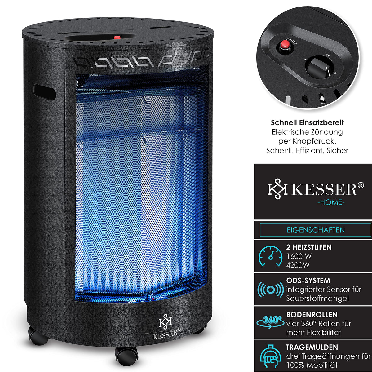Gasheizstrahler Keramik 4200W Infrarot inkl Gasdruckregler Gasschlauch Schutzhülle Butan Propan Schwarz