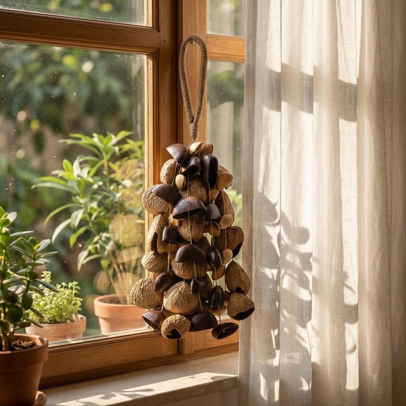 15,75 Zoll Muschel-Windspiel aus natürlichen Fruchtschalen, 60 Stück, für Balkon und Garten