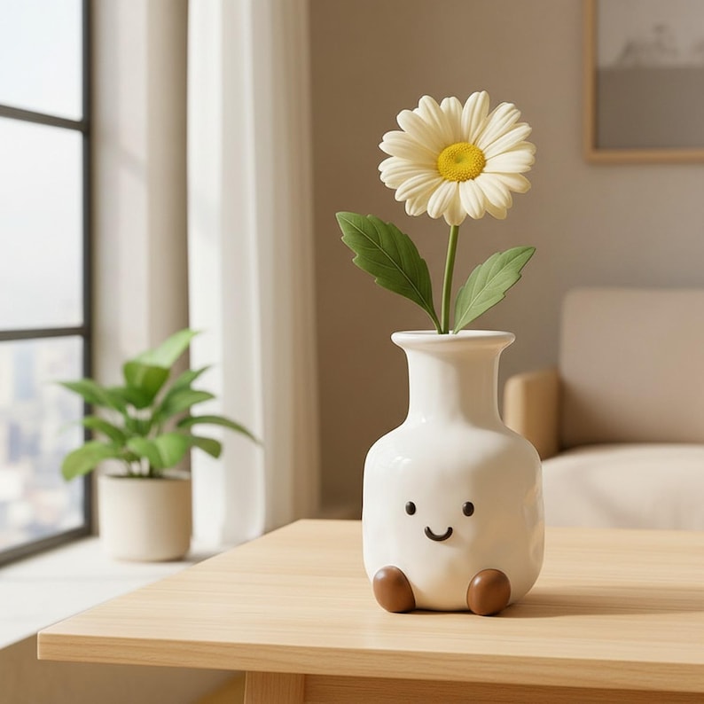 Smiley Keramik Vase mit Füßen – Weißer Blumentopf für Schreibtisch