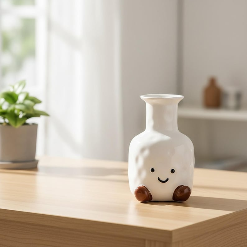 Smiley Keramik Vase mit Füßen – Weißer Blumentopf für Schreibtisch