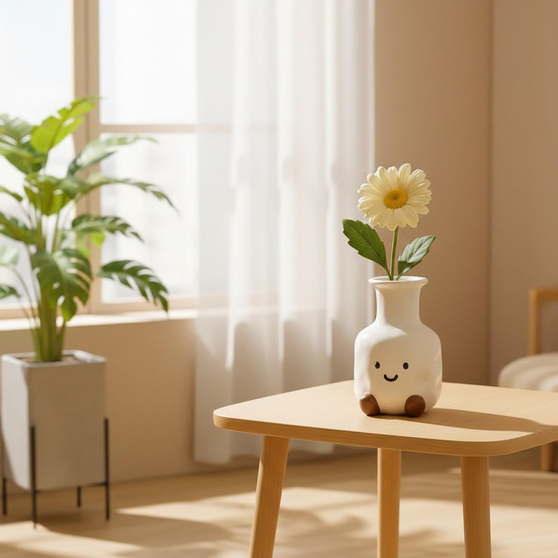Smiley Keramik Vase mit Füßen – Weißer Blumentopf für Schreibtisch