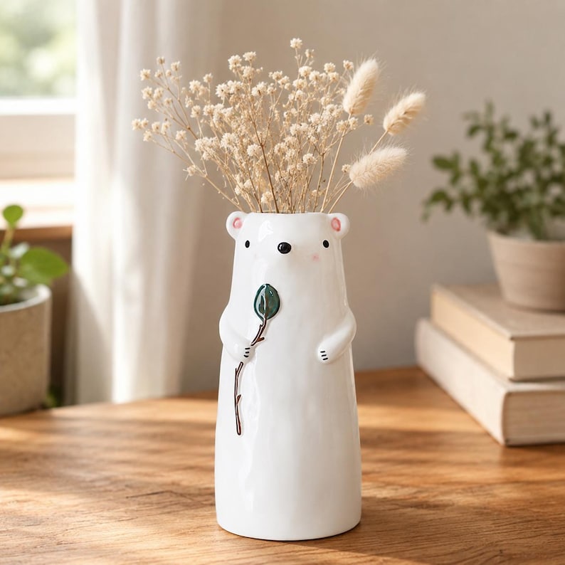 Keramik Bär und Hund Blumenvase, Tiervase, Wohnkultur, 700g