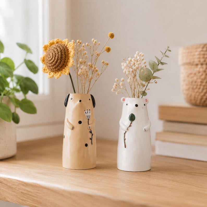 Keramik Bär und Hund Blumenvase, Tiervase, Wohnkultur, 700g