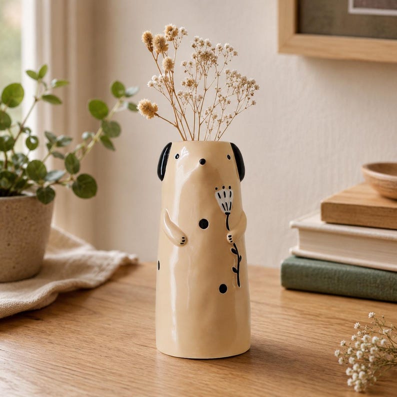 Keramik Bär und Hund Blumenvase, Tiervase, Wohnkultur, 700g