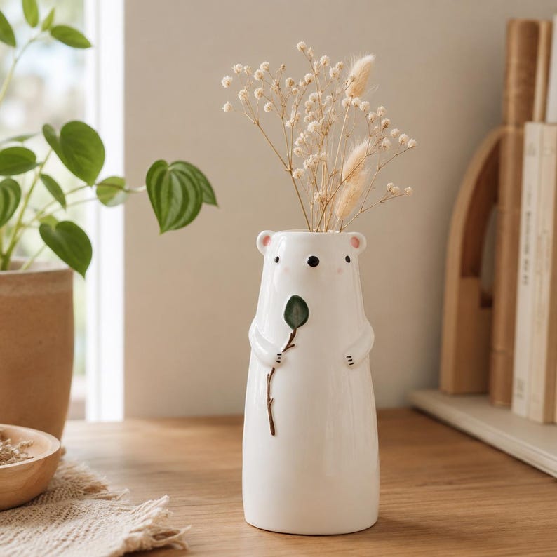 Keramik Bär und Hund Blumenvase, Tiervase, Wohnkultur, 700g