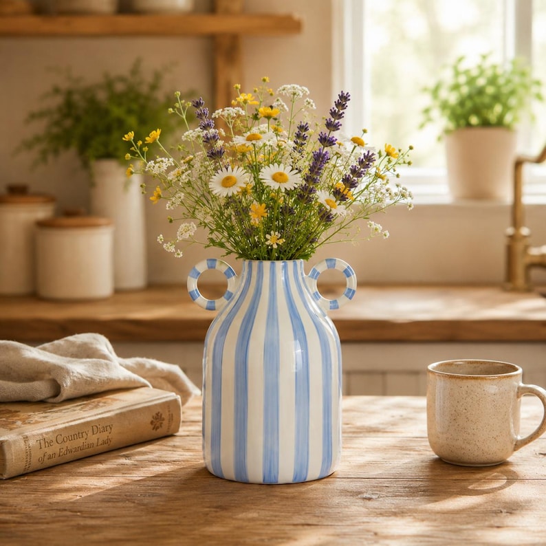 Gestreifte Keramikvase mit Griffen, Boho Bauernhaus Tischdekoration, handbemalte Blumenvasen für Wohnzimmer