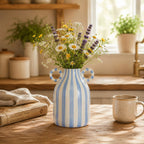 Gestreifte Keramikvase mit Griffen, Boho Bauernhaus Tischdekoration, handbemalte Blumenvasen für Wohnzimmer