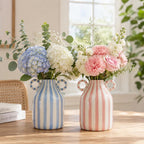 Gestreifte Keramikvase mit Griffen, Boho Bauernhaus Tischdekoration, handbemalte Blumenvasen für Wohnzimmer