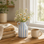 Gestreifte Keramikvase mit Griffen, Boho Bauernhaus Tischdekoration, handbemalte Blumenvasen für Wohnzimmer