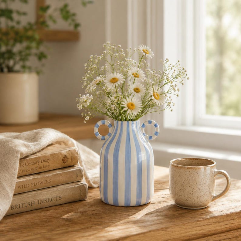 Gestreifte Keramikvase mit Griffen, Boho Bauernhaus Tischdekoration, handbemalte Blumenvasen für Wohnzimmer