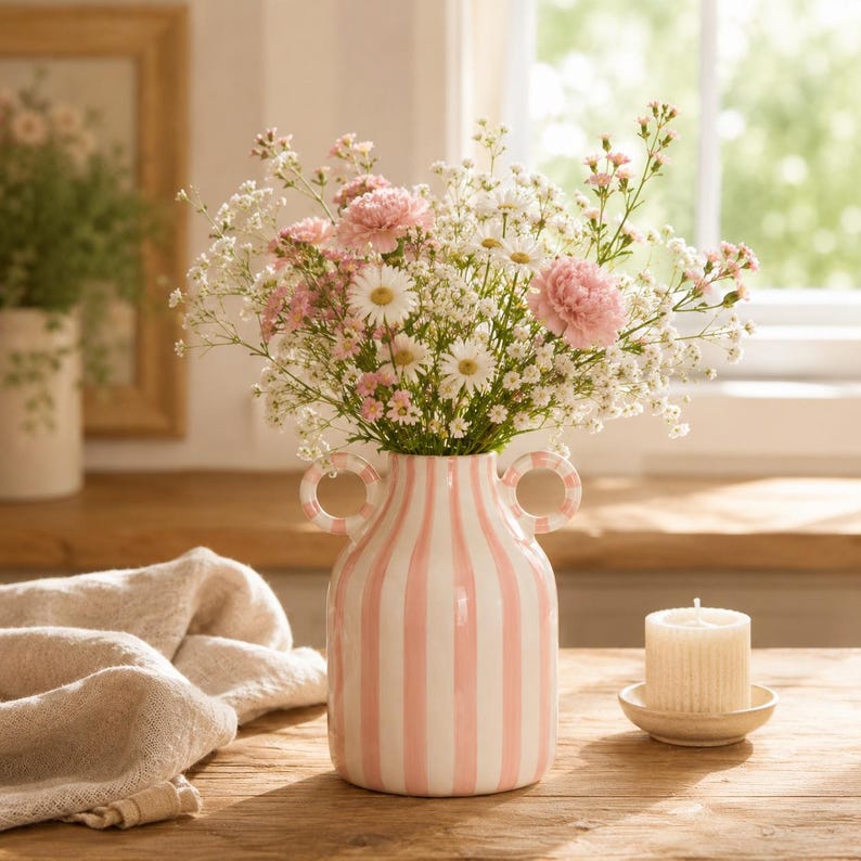 Gestreifte Keramikvase mit Griffen, Boho Bauernhaus Tischdekoration, handbemalte Blumenvasen für Wohnzimmer