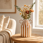 Gestreifte Keramikvase mit Griffen, Boho Bauernhaus Tischdekoration, handbemalte Blumenvasen für Wohnzimmer