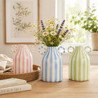 Gestreifte Keramikvase mit Griffen, Boho Bauernhaus Tischdekoration, handbemalte Blumenvasen für Wohnzimmer