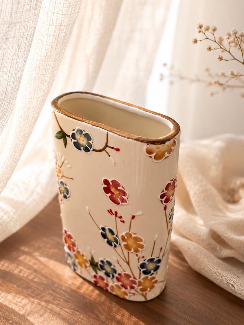 Keramikvase Handbemalt Flache Vase 17cm