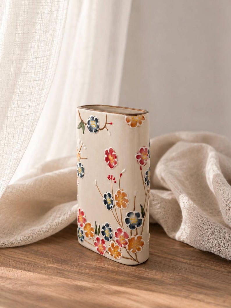 Keramikvase Handbemalt Flache Vase 17cm