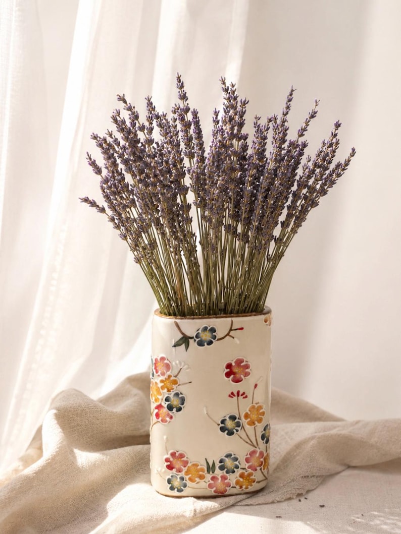 Keramikvase Handbemalt Flache Vase 17cm
