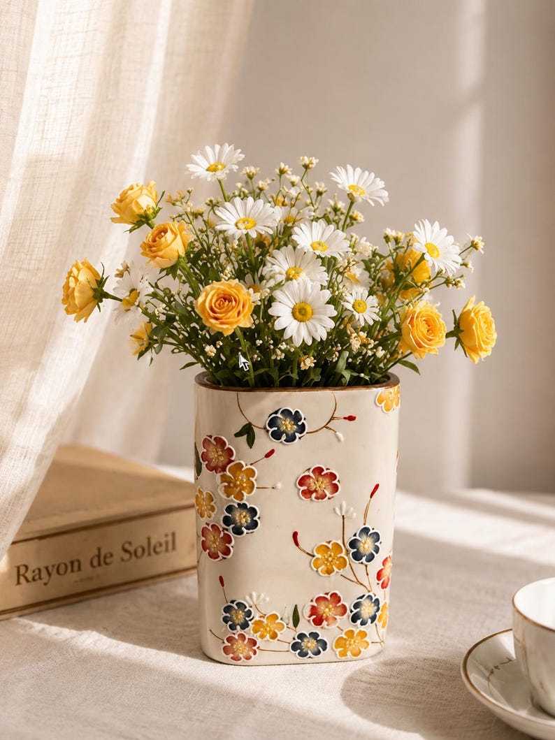 Keramikvase Handbemalt Flache Vase 17cm